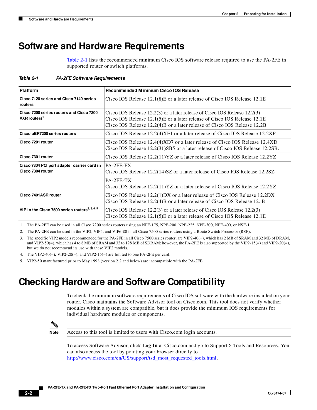 Cisco Systems PA-2FE-TX, PA-2FE-FX manual Software and Hardware Requirements, Checking Hardware and Software Compatibility 