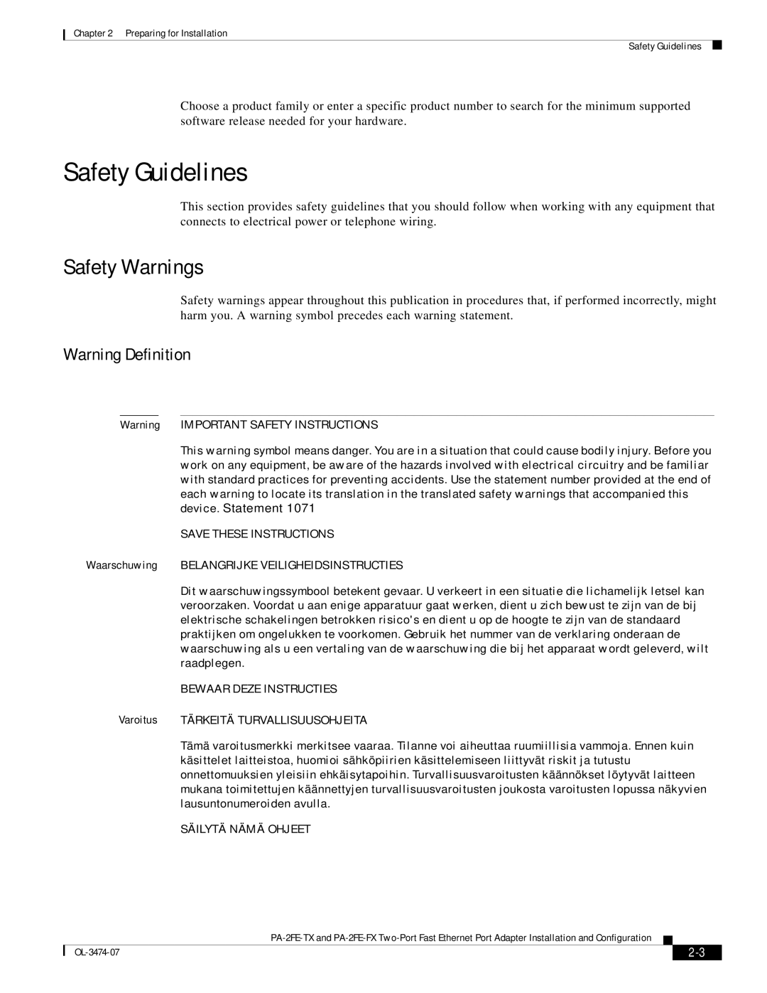 Cisco Systems PA-2FE-FX, PA-2FE-TX manual Safety Guidelines, Safety Warnings 