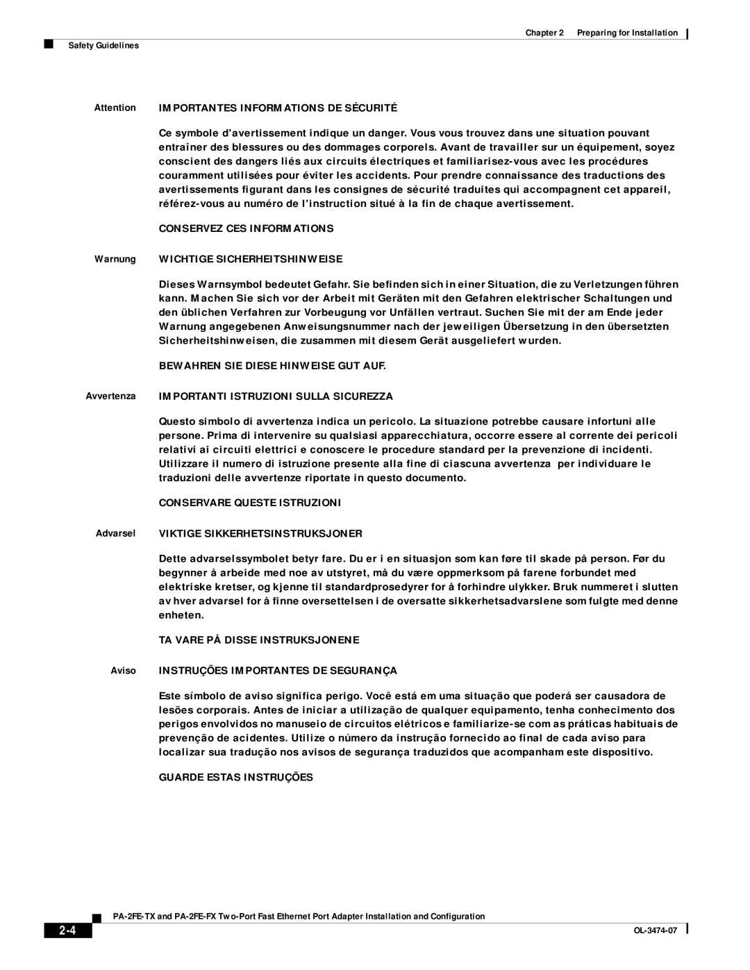 Cisco Systems PA-2FE-TX, PA-2FE-FX Warnung Wichtige Sicherheitshinweise, Avvertenza Importanti Istruzioni Sulla Sicurezza 