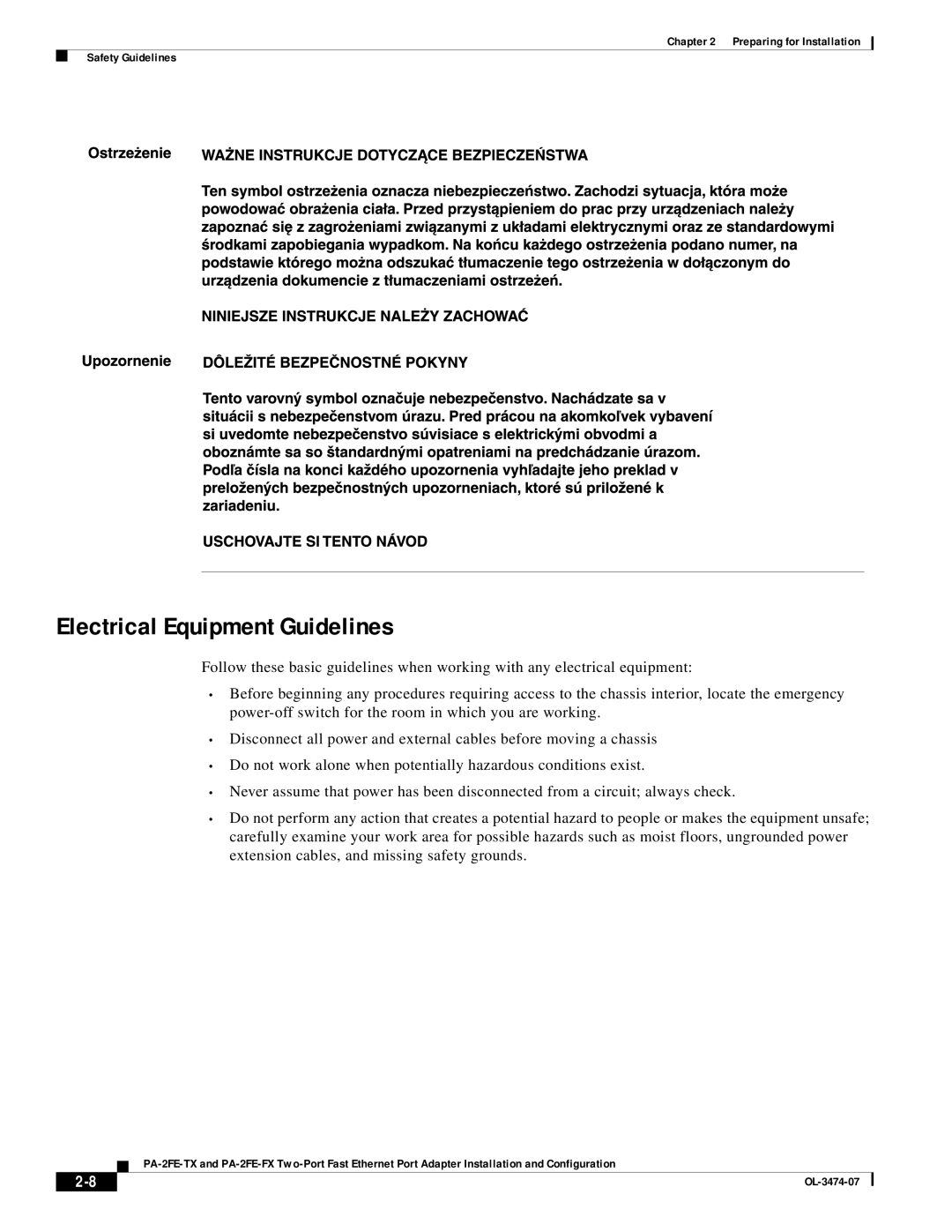 Cisco Systems PA-2FE-TX, PA-2FE-FX manual Electrical Equipment Guidelines 