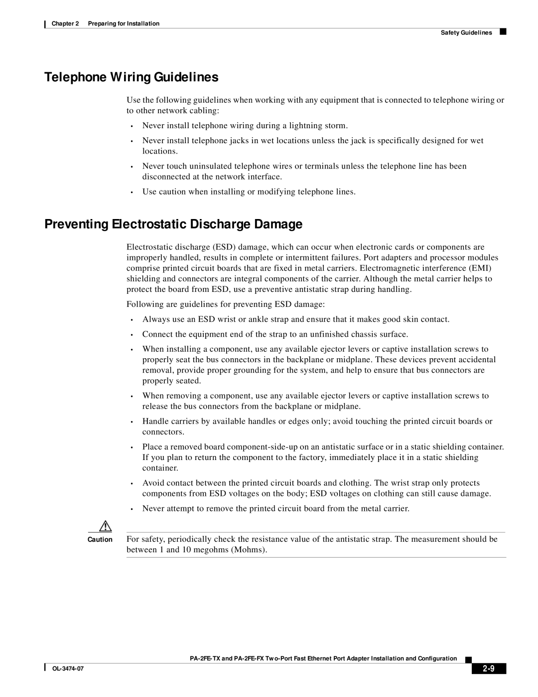 Cisco Systems PA-2FE-FX, PA-2FE-TX manual Telephone Wiring Guidelines, Preventing Electrostatic Discharge Damage 