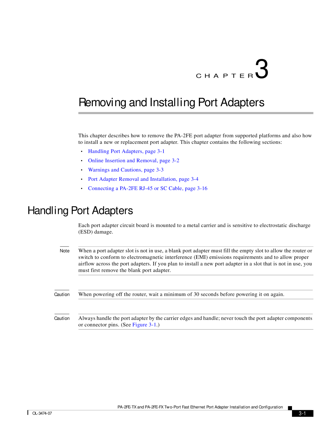 Cisco Systems PA-2FE-FX, PA-2FE-TX manual Removing and Installing Port Adapters, Handling Port Adapters 