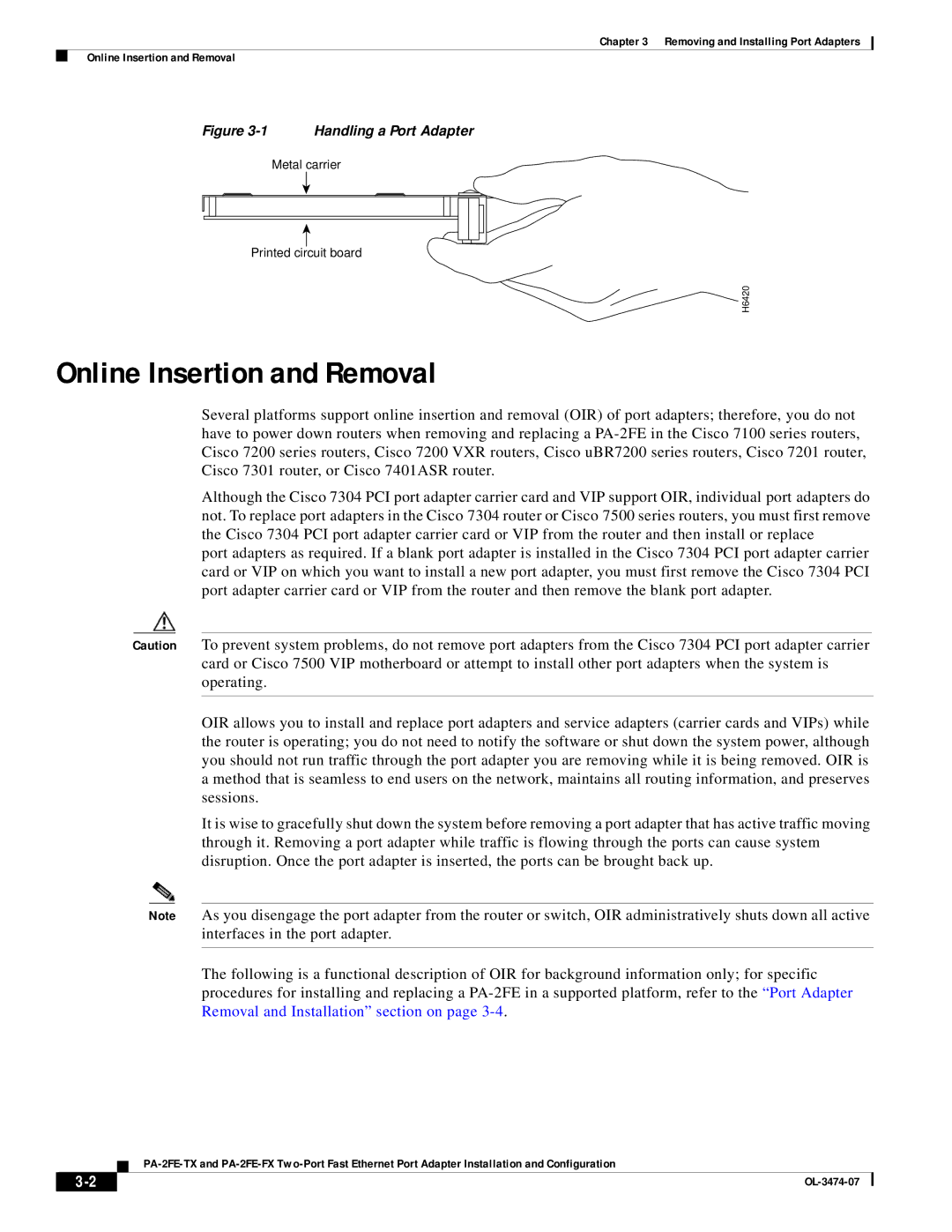 Cisco Systems PA-2FE-TX, PA-2FE-FX manual Online Insertion and Removal, Handling a Port Adapter 