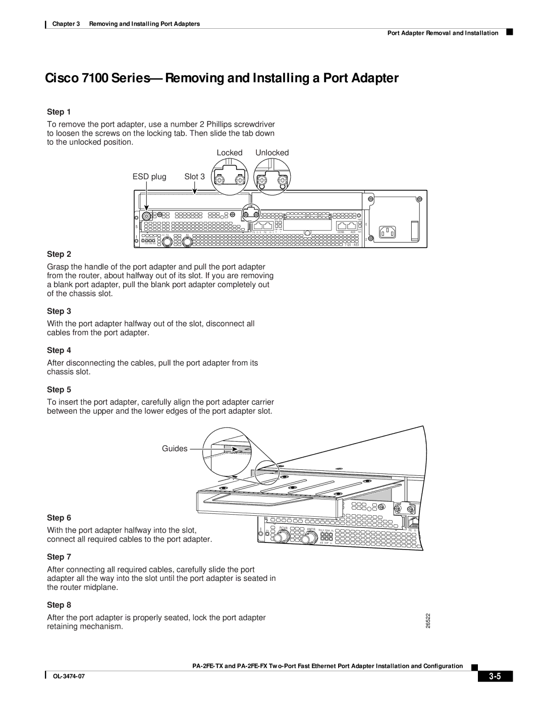 Cisco Systems PA-2FE-FX, PA-2FE-TX manual Cisco 7100 Series-Removing and Installing a Port Adapter, Step 