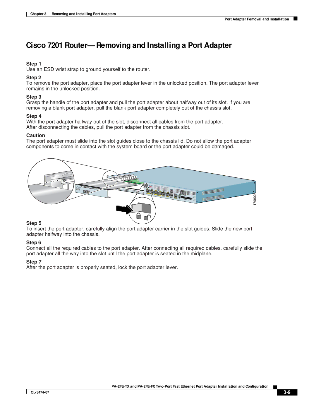 Cisco Systems PA-2FE-FX, PA-2FE-TX manual Cisco 7201 Router-Removing and Installing a Port Adapter 