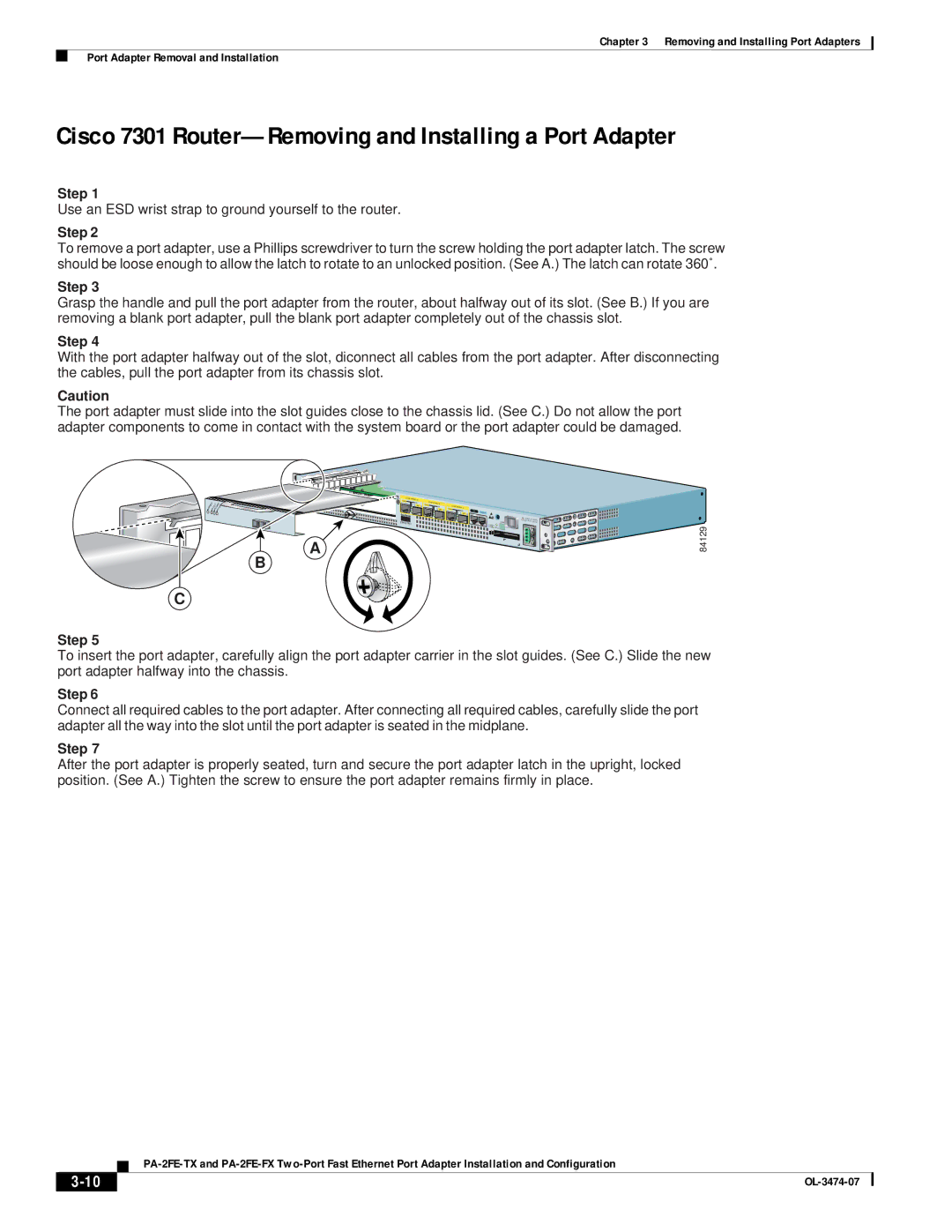 Cisco Systems PA-2FE-TX, PA-2FE-FX manual Cisco 7301 Router-Removing and Installing a Port Adapter 