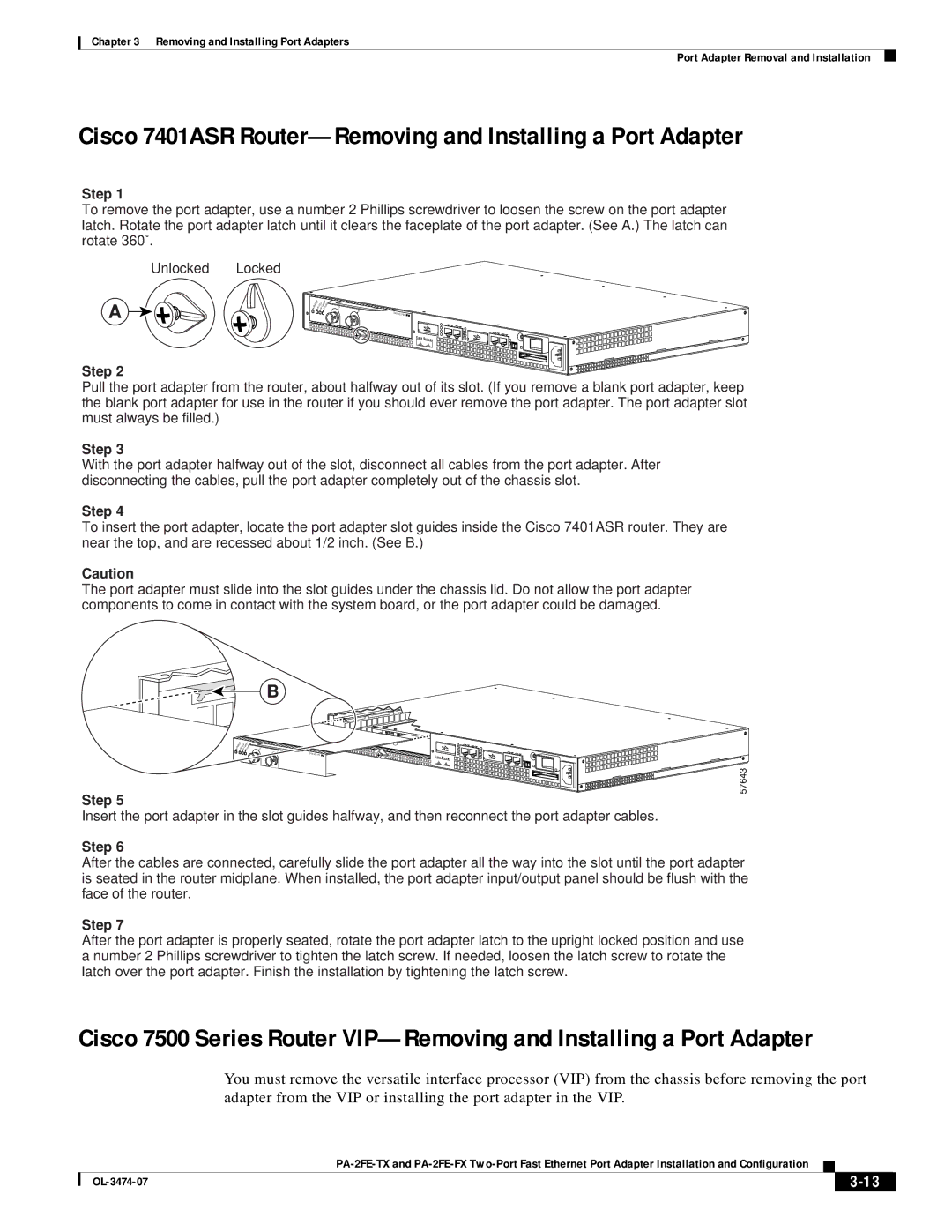 Cisco Systems PA-2FE-FX, PA-2FE-TX manual Cisco 7401ASR Router-Removing and Installing a Port Adapter 