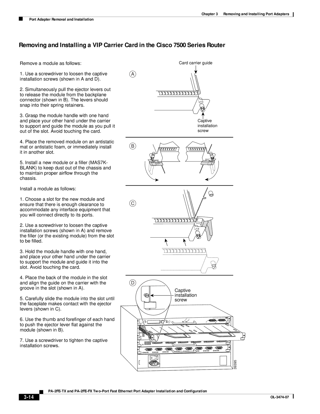 Cisco Systems PA-2FE-TX, PA-2FE-FX manual Captive installation screw 