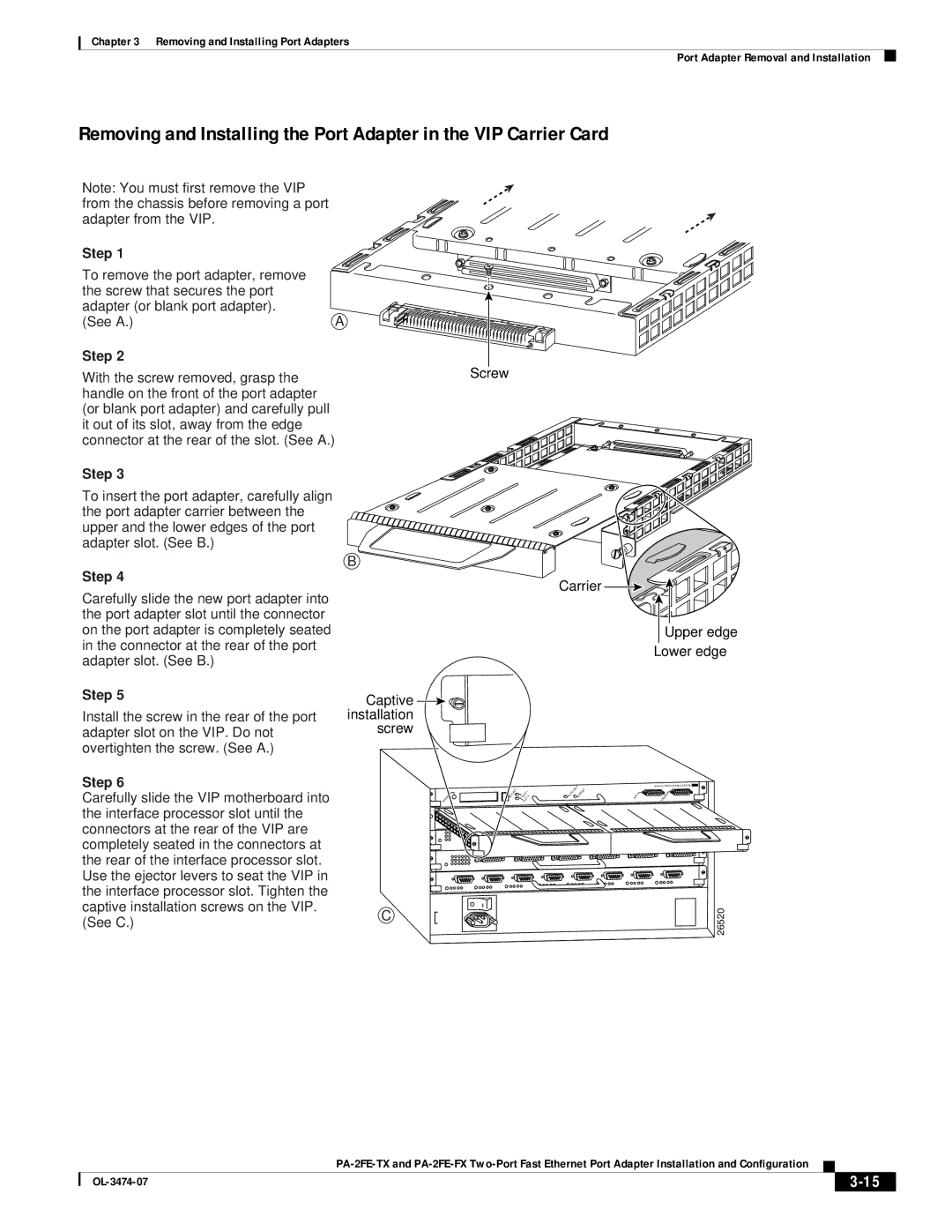 Cisco Systems PA-2FE-FX, PA-2FE-TX manual With the screw removed, grasp 