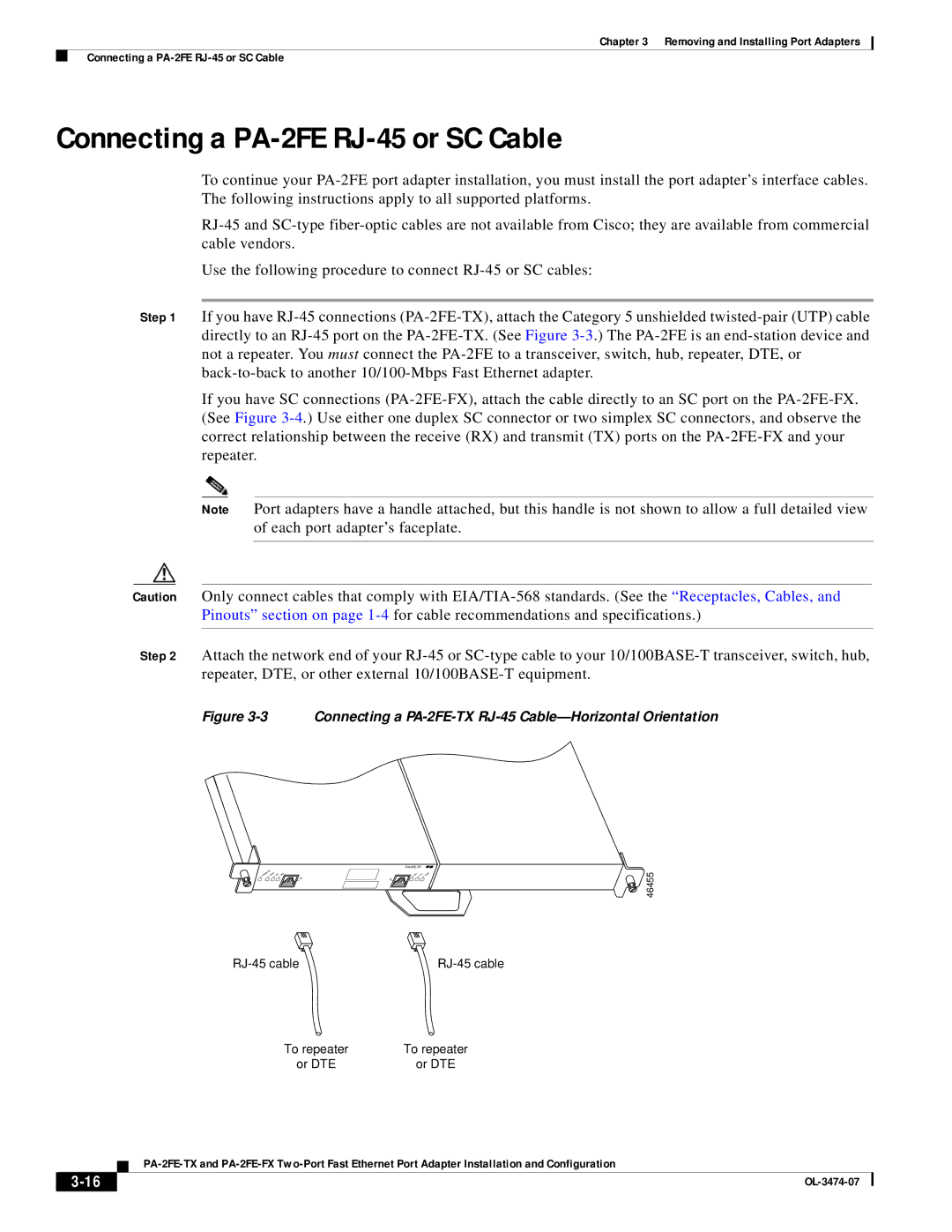 Cisco Systems manual Connecting a PA-2FE RJ-45 or SC Cable, Connecting a PA-2FE-TX RJ-45 Cable-Horizontal Orientation 