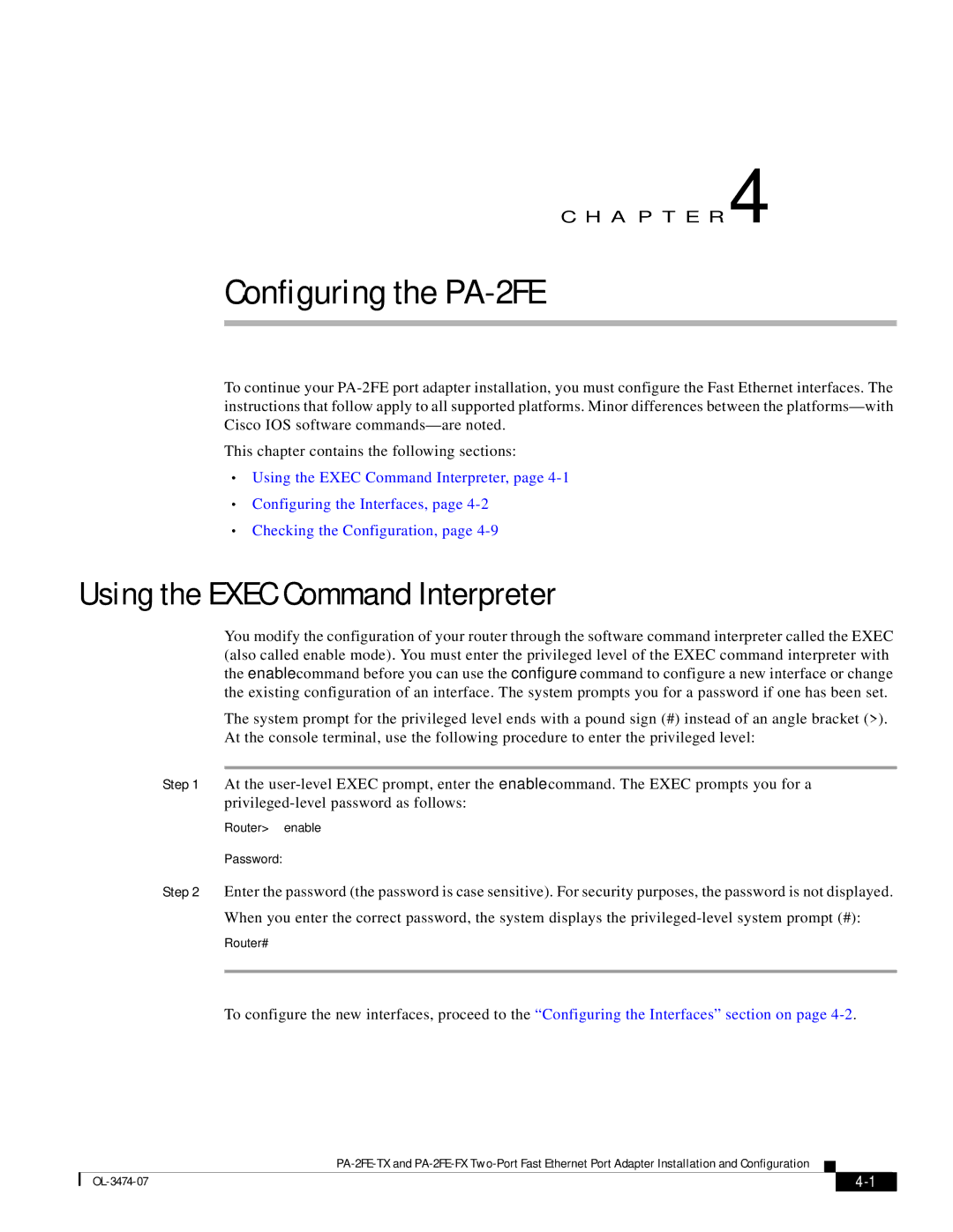 Cisco Systems PA-2FE-FX, PA-2FE-TX manual Configuring the PA-2FE, Using the Exec Command Interpreter 