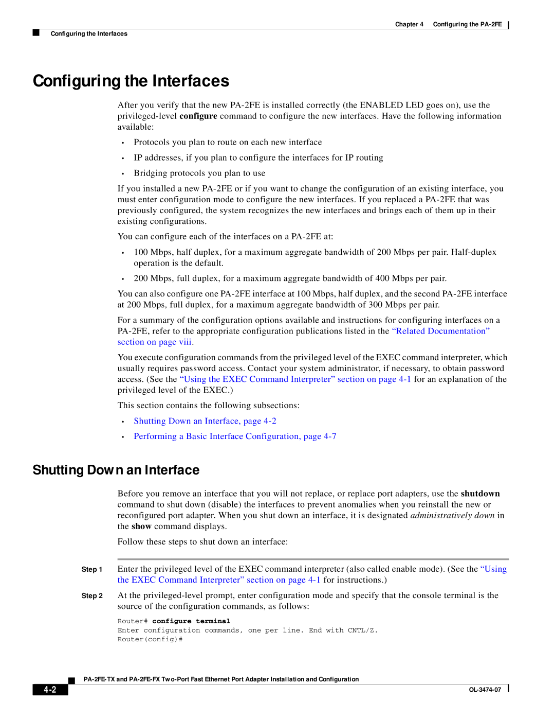 Cisco Systems PA-2FE-TX, PA-2FE-FX manual Configuring the Interfaces, Shutting Down an Interface 