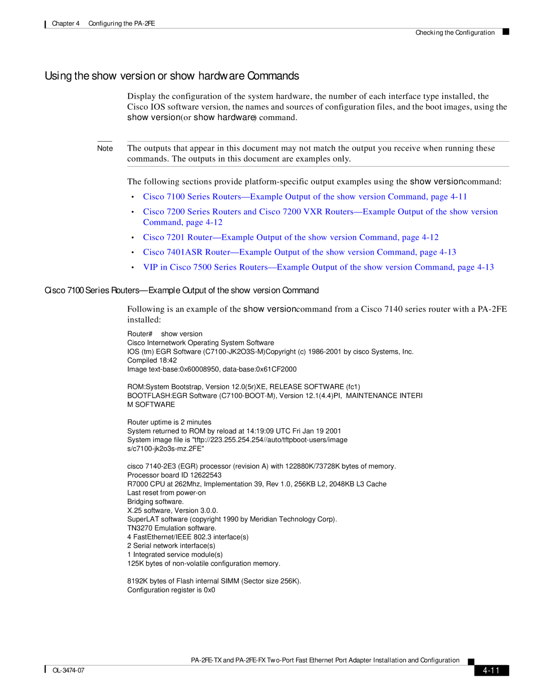 Cisco Systems PA-2FE-FX, PA-2FE-TX manual Using the show version or show hardware Commands 