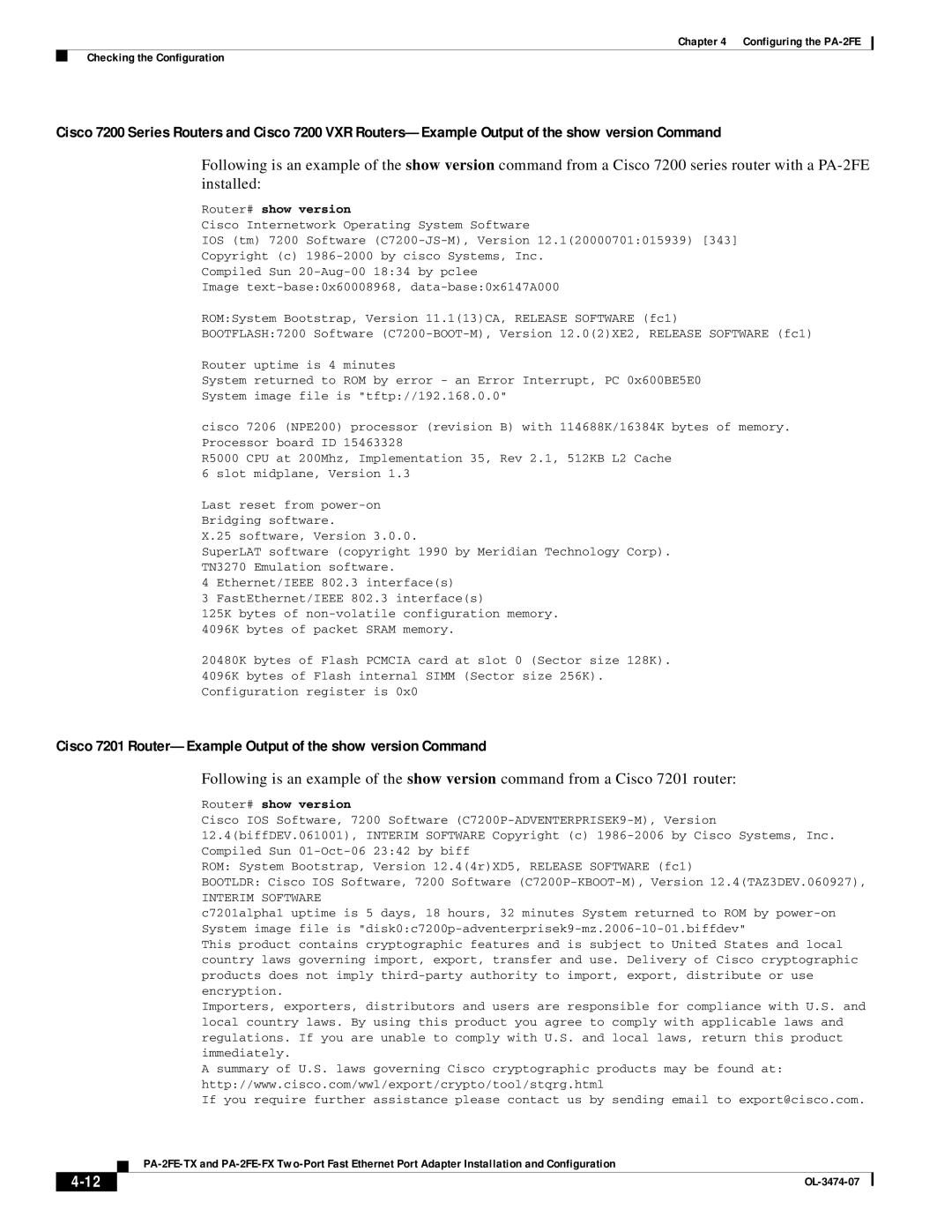 Cisco Systems PA-2FE-TX, PA-2FE-FX manual Cisco 7201 Router-Example Output of the show version Command 