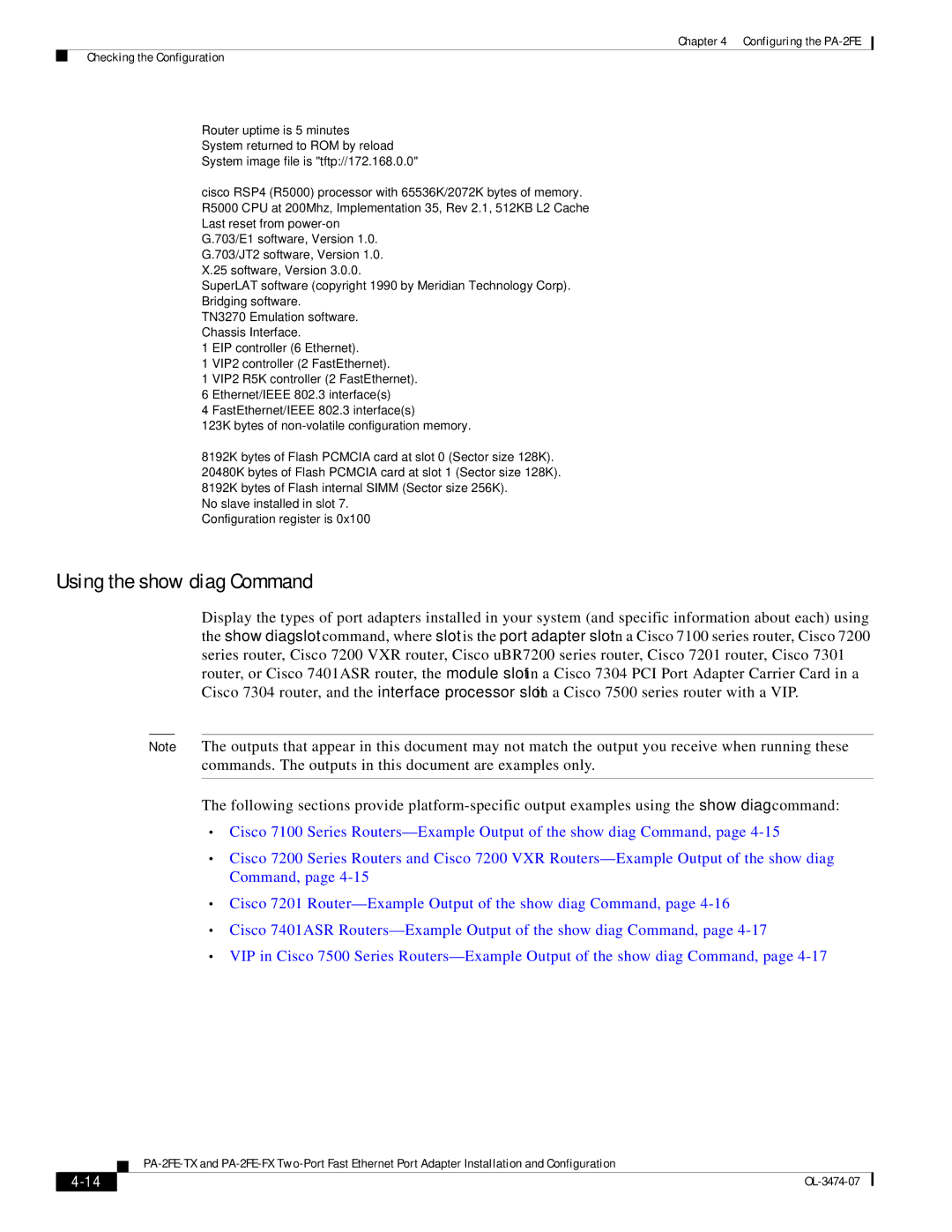 Cisco Systems PA-2FE-TX, PA-2FE-FX manual Using the show diag Command 