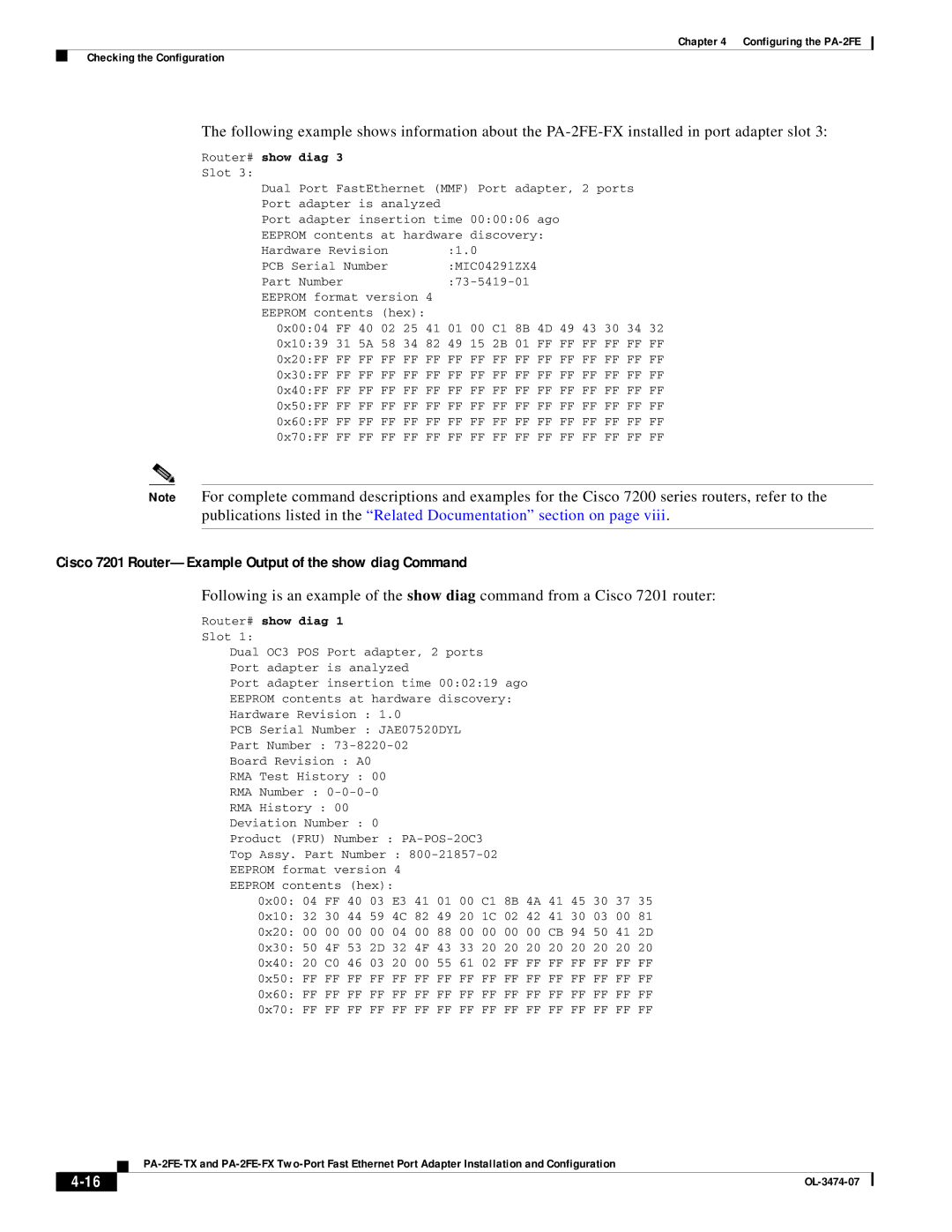 Cisco Systems PA-2FE-TX, PA-2FE-FX manual Cisco 7201 Router-Example Output of the show diag Command 