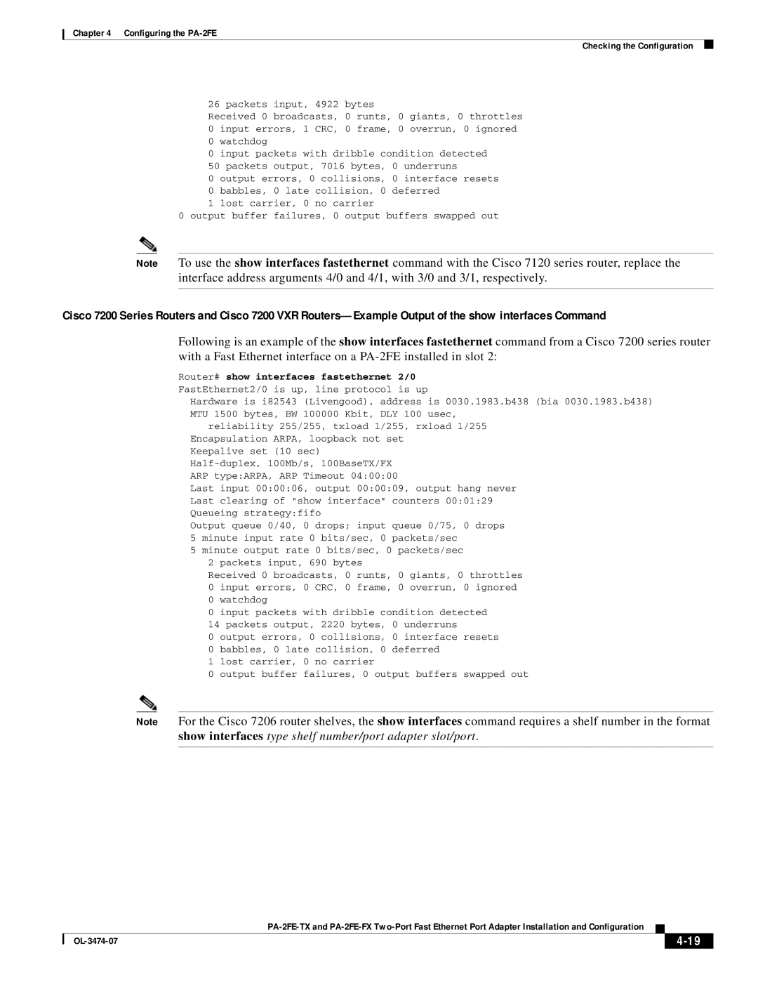 Cisco Systems PA-2FE-FX, PA-2FE-TX manual Configuring the PA-2FE Checking the Configuration 