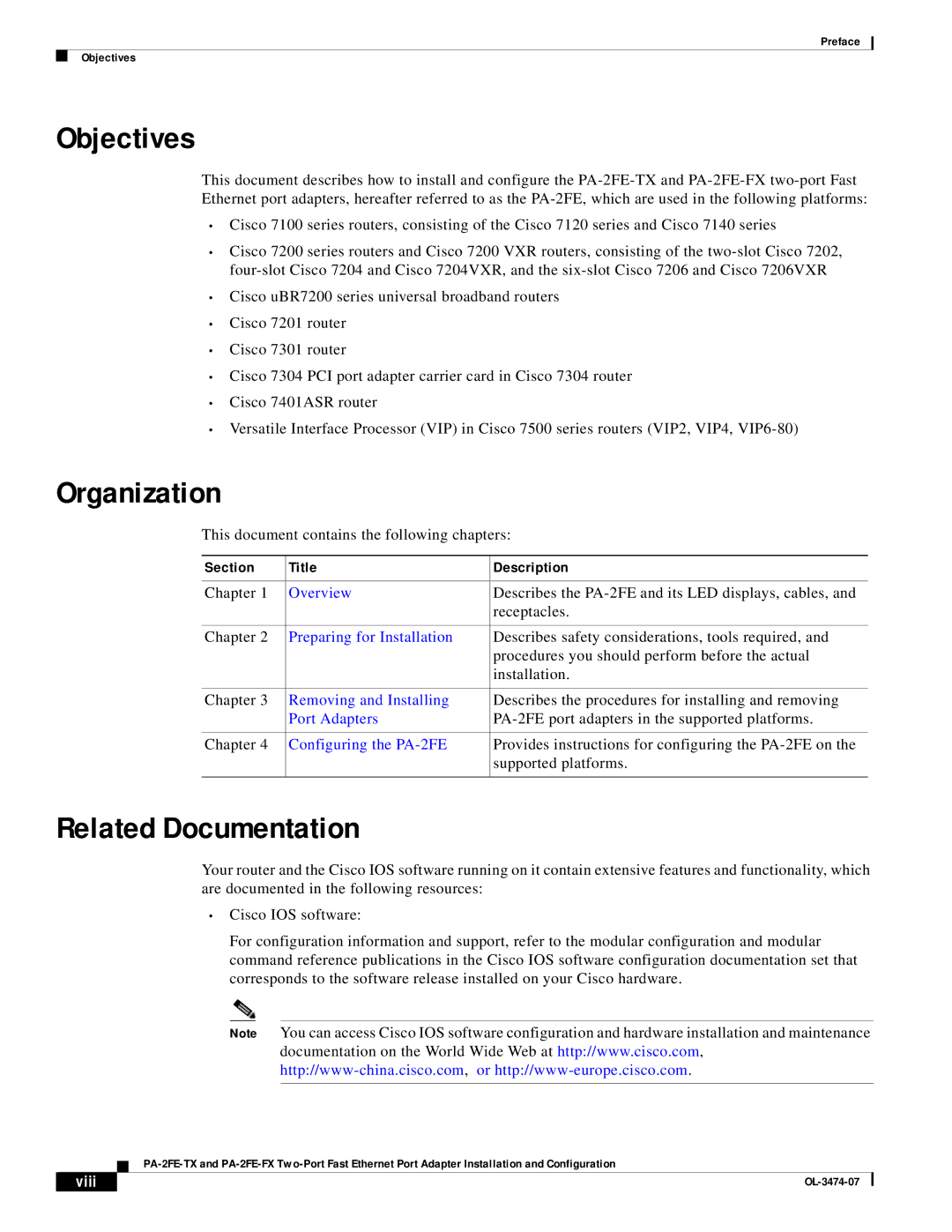 Cisco Systems PA-2FE-TX, PA-2FE-FX manual Objectives, Organization, Related Documentation, Section Title Description 