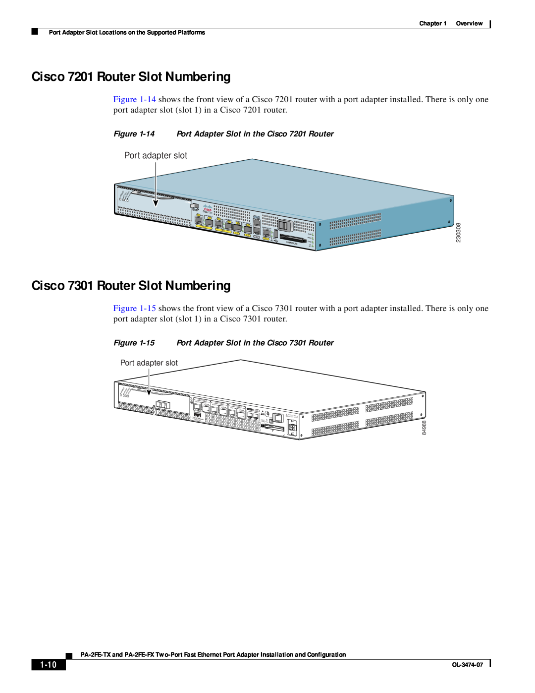 Cisco Systems PA-2FE-TX manual Cisco 7201 Router Slot Numbering, Cisco 7301 Router Slot Numbering, 1-10, Port adapter slot 