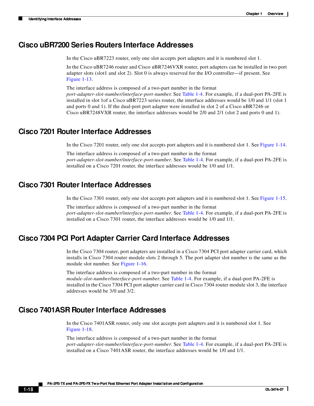 Cisco Systems PA-2FE-TX Cisco uBR7200 Series Routers Interface Addresses, Cisco 7201 Router Interface Addresses, 1-18 