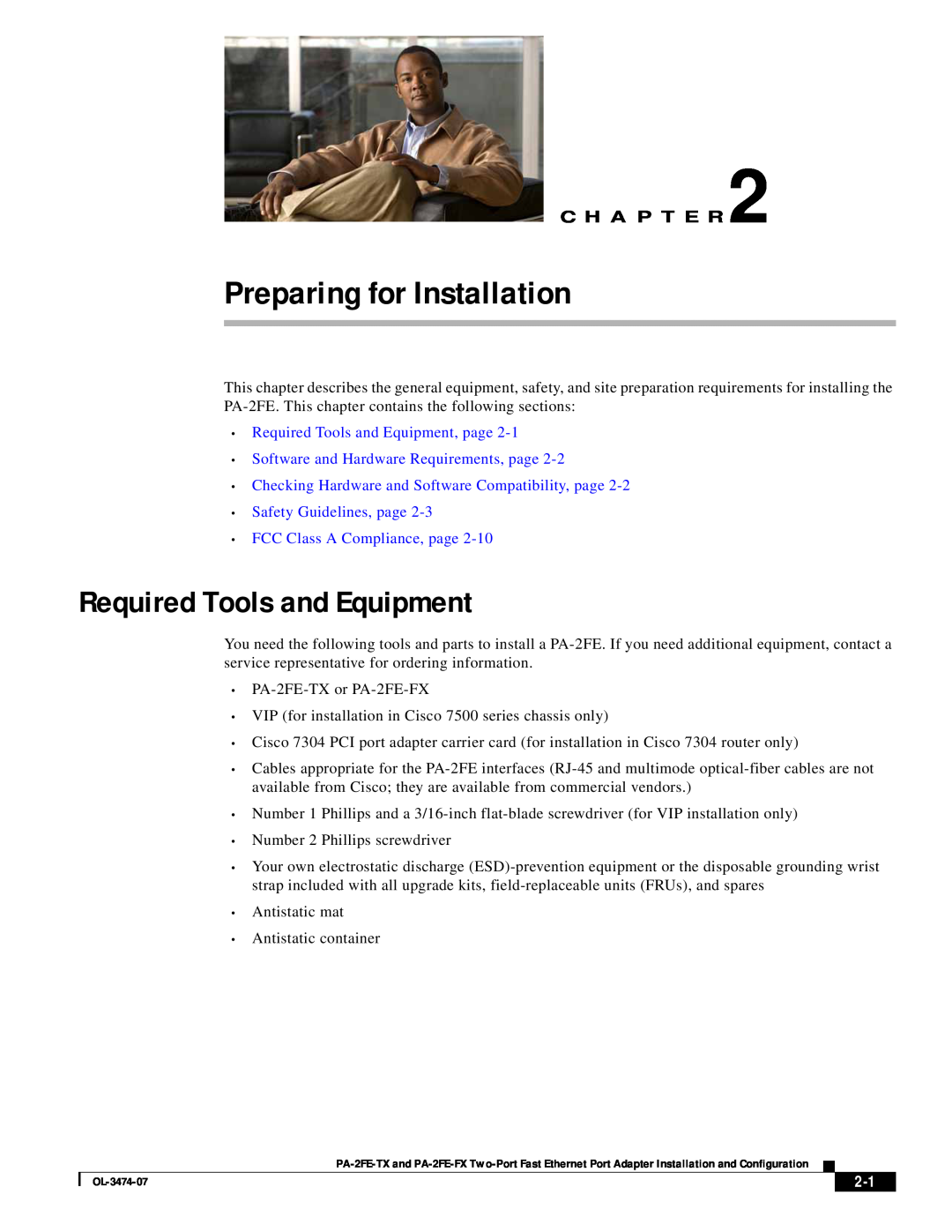Cisco Systems PA-2FE-FX, PA-2FE-TX manual Preparing for Installation, Required Tools and Equipment, page, C H A P T E R 