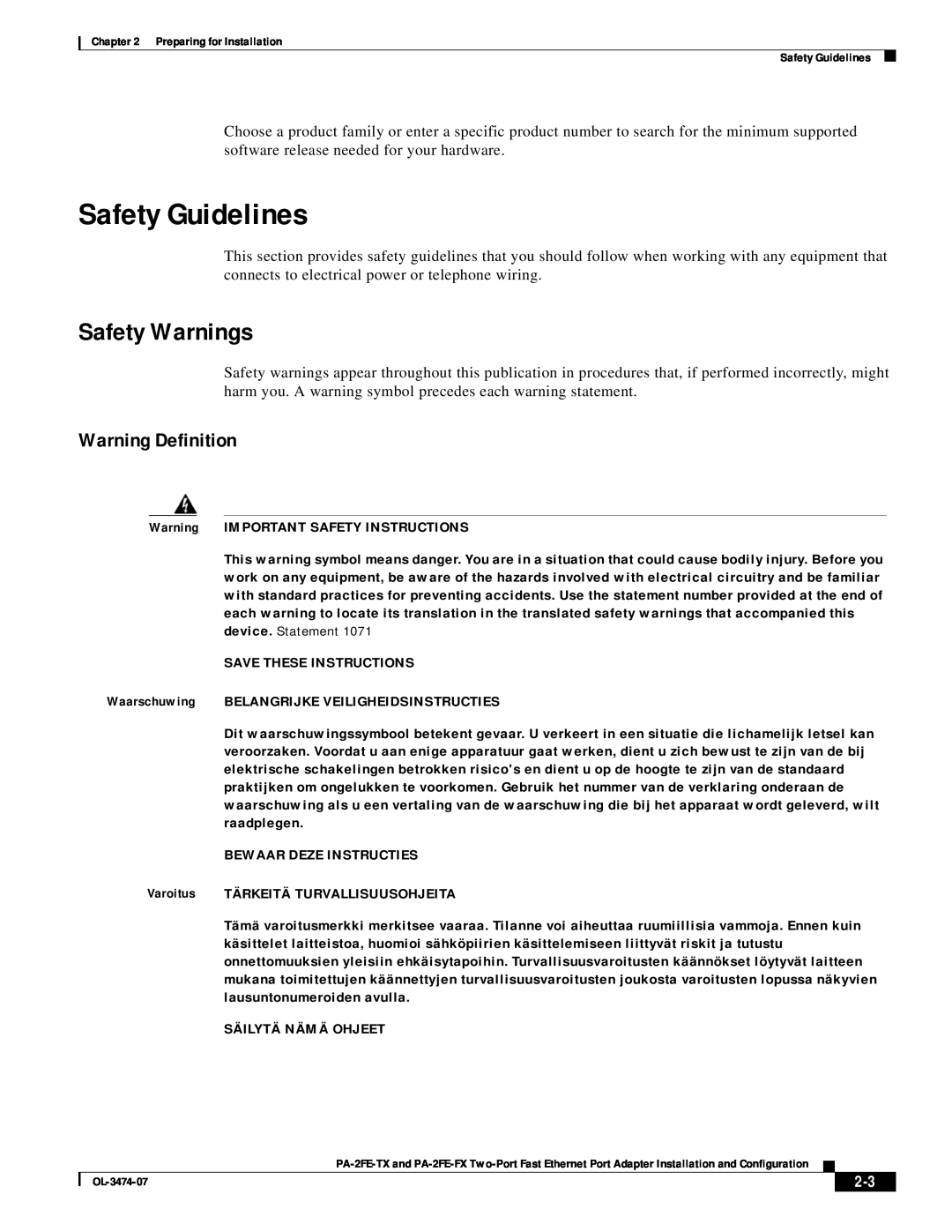 Cisco Systems PA-2FE-FX, PA-2FE-TX manual Safety Guidelines, Safety Warnings, Warning Definition 