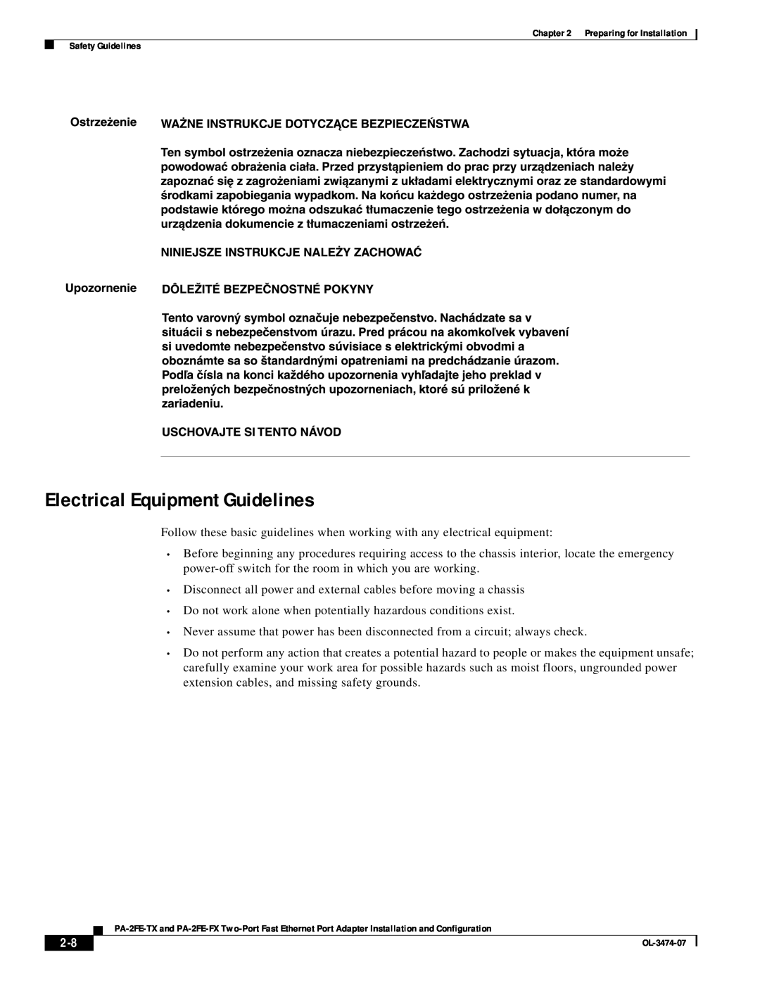 Cisco Systems PA-2FE-TX, PA-2FE-FX manual Electrical Equipment Guidelines 