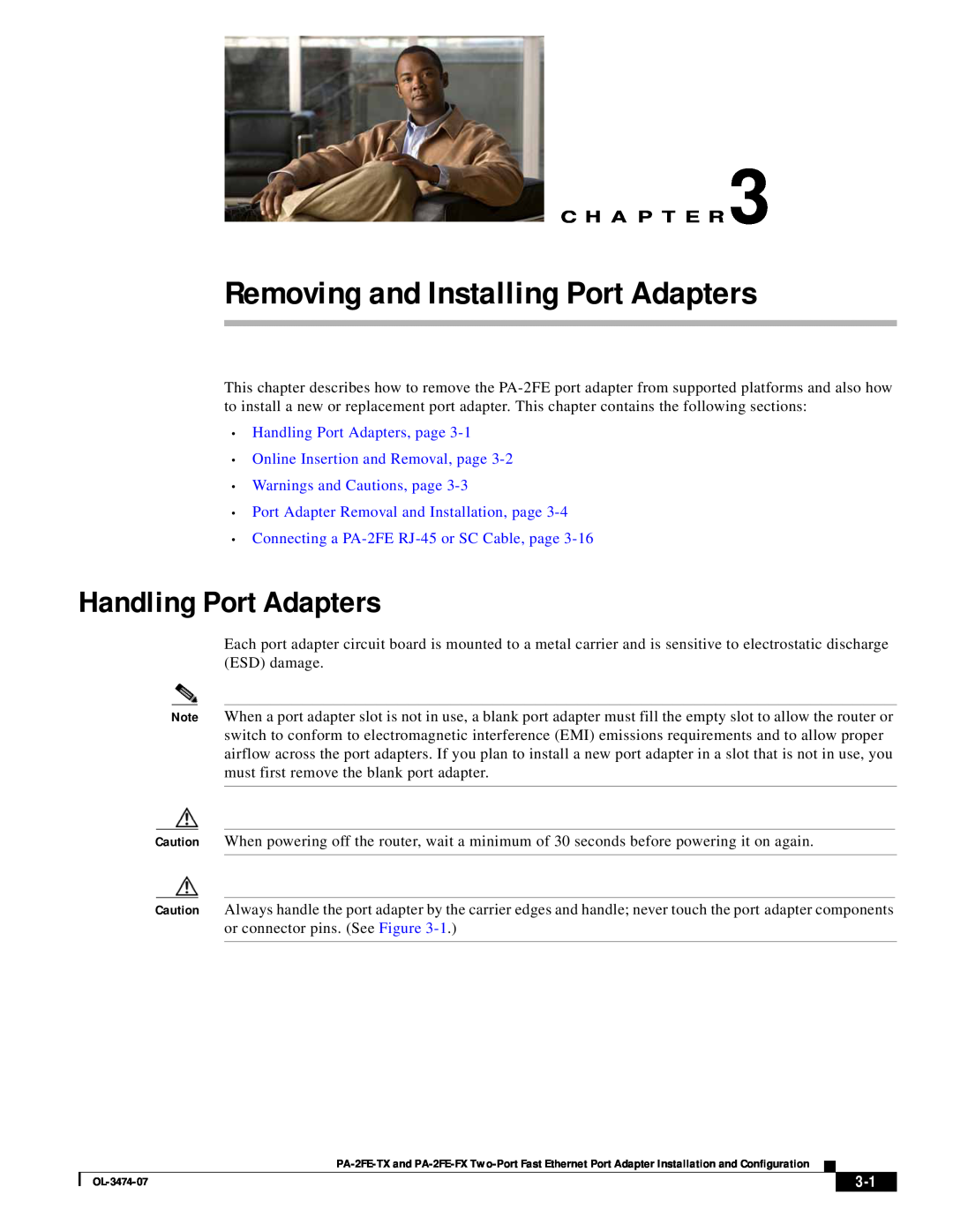Cisco Systems PA-2FE-FX manual Removing and Installing Port Adapters, Handling Port Adapters, Warnings and Cautions, page 