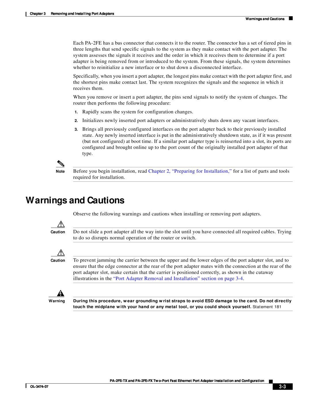 Cisco Systems PA-2FE-FX, PA-2FE-TX manual Warnings and Cautions 