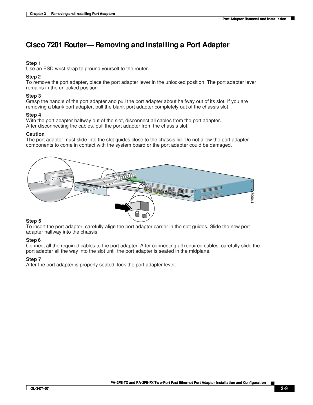 Cisco Systems PA-2FE-FX, PA-2FE-TX manual Cisco 7201 Router-Removing and Installing a Port Adapter, Step 