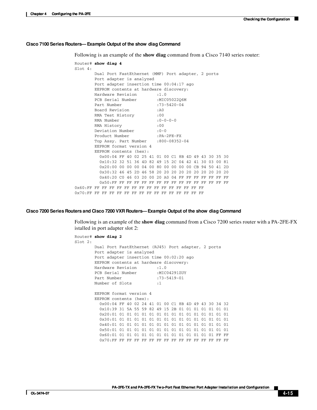 Cisco Systems PA-2FE-FX, PA-2FE-TX manual Cisco 7100 Series Routers-Example Output of the show diag Command, 4-15 