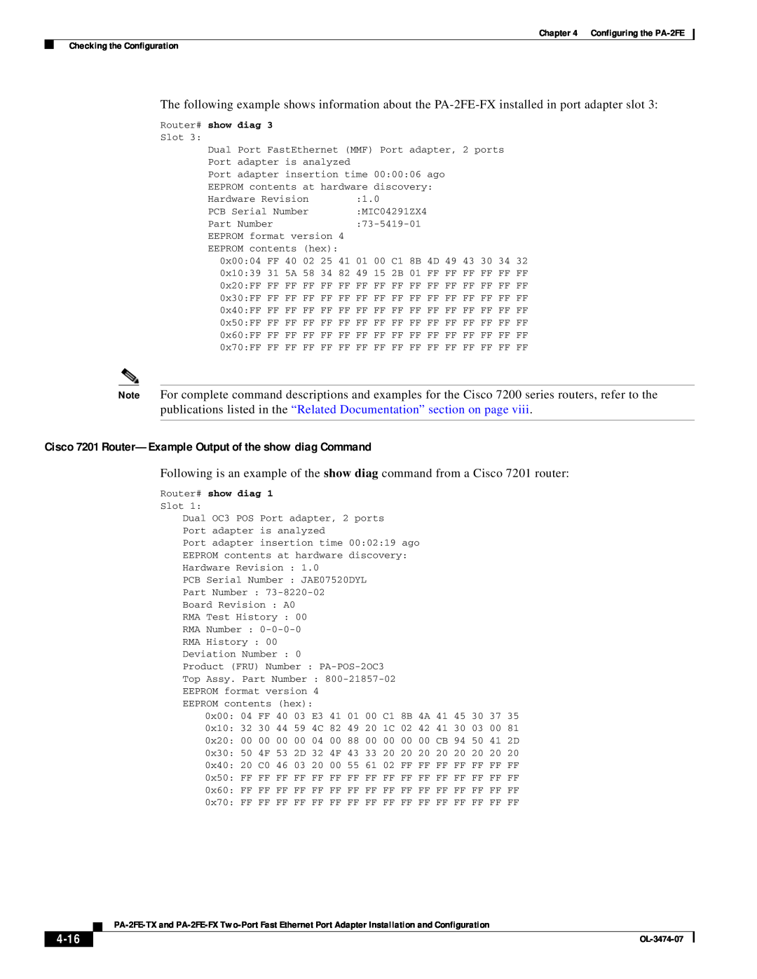 Cisco Systems PA-2FE-TX, PA-2FE-FX manual Cisco 7201 Router-Example Output of the show diag Command, 4-16 