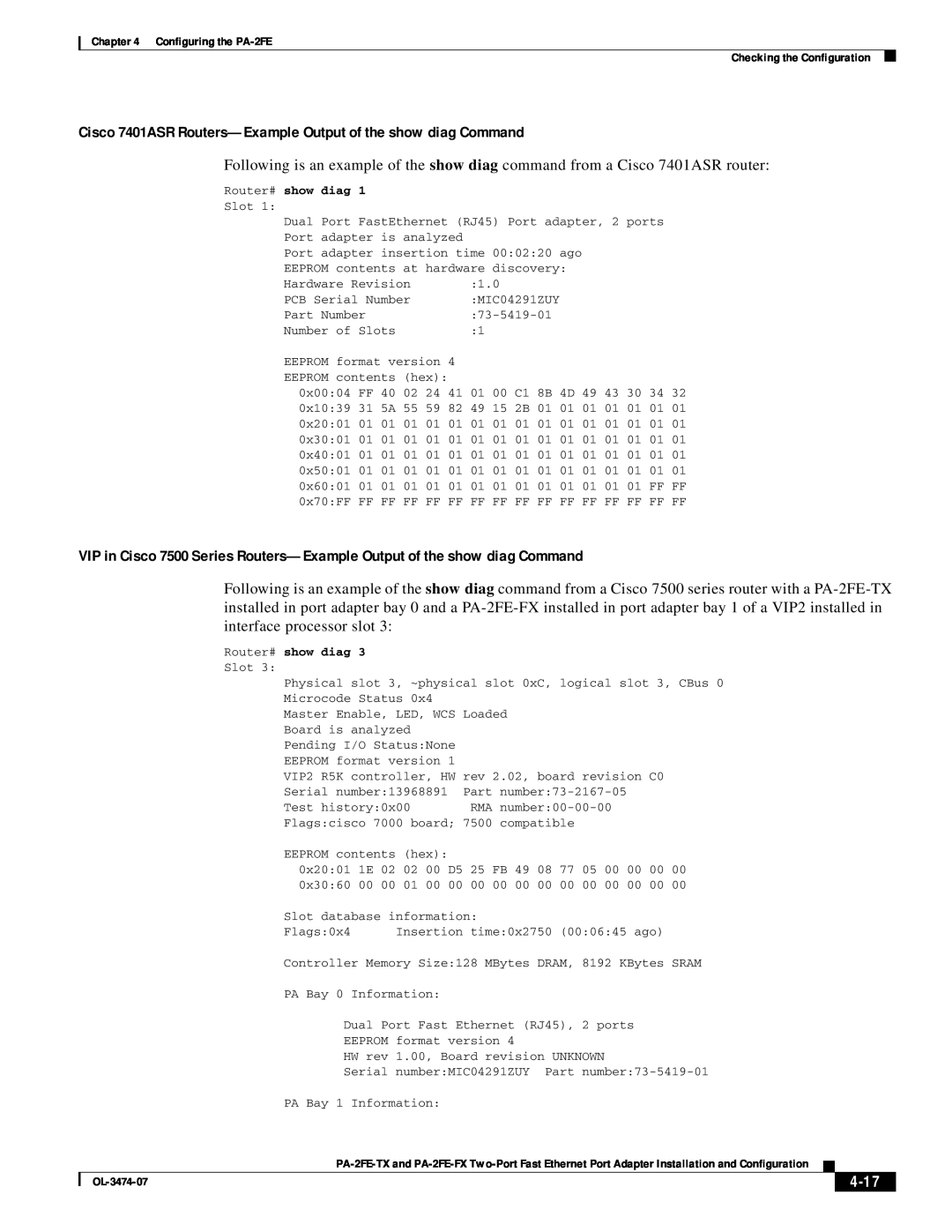 Cisco Systems PA-2FE-FX, PA-2FE-TX manual Cisco 7401ASR Routers-Example Output of the show diag Command, 4-17 