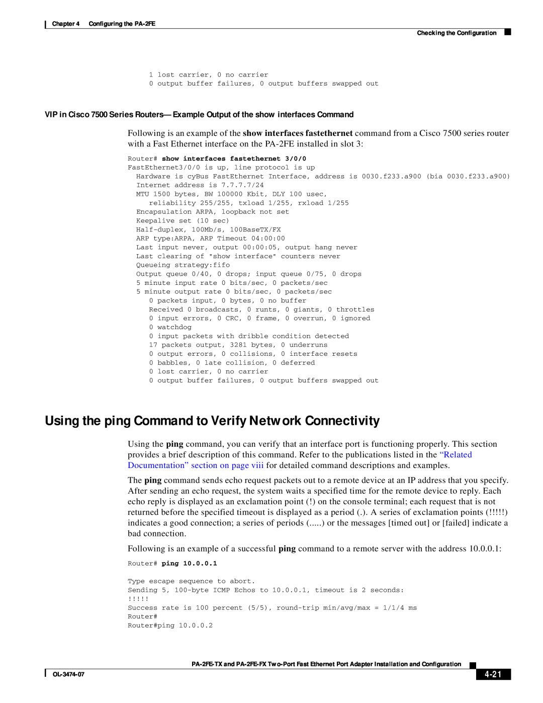 Cisco Systems PA-2FE-FX, PA-2FE-TX manual Using the ping Command to Verify Network Connectivity, 4-21 