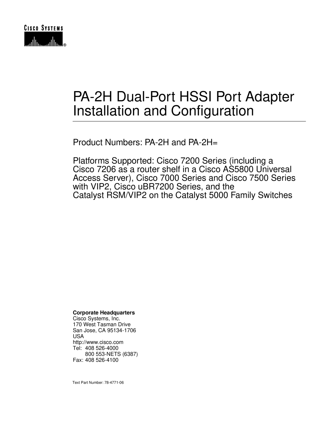 Cisco Systems PA-2H manual Corporate Headquarters 