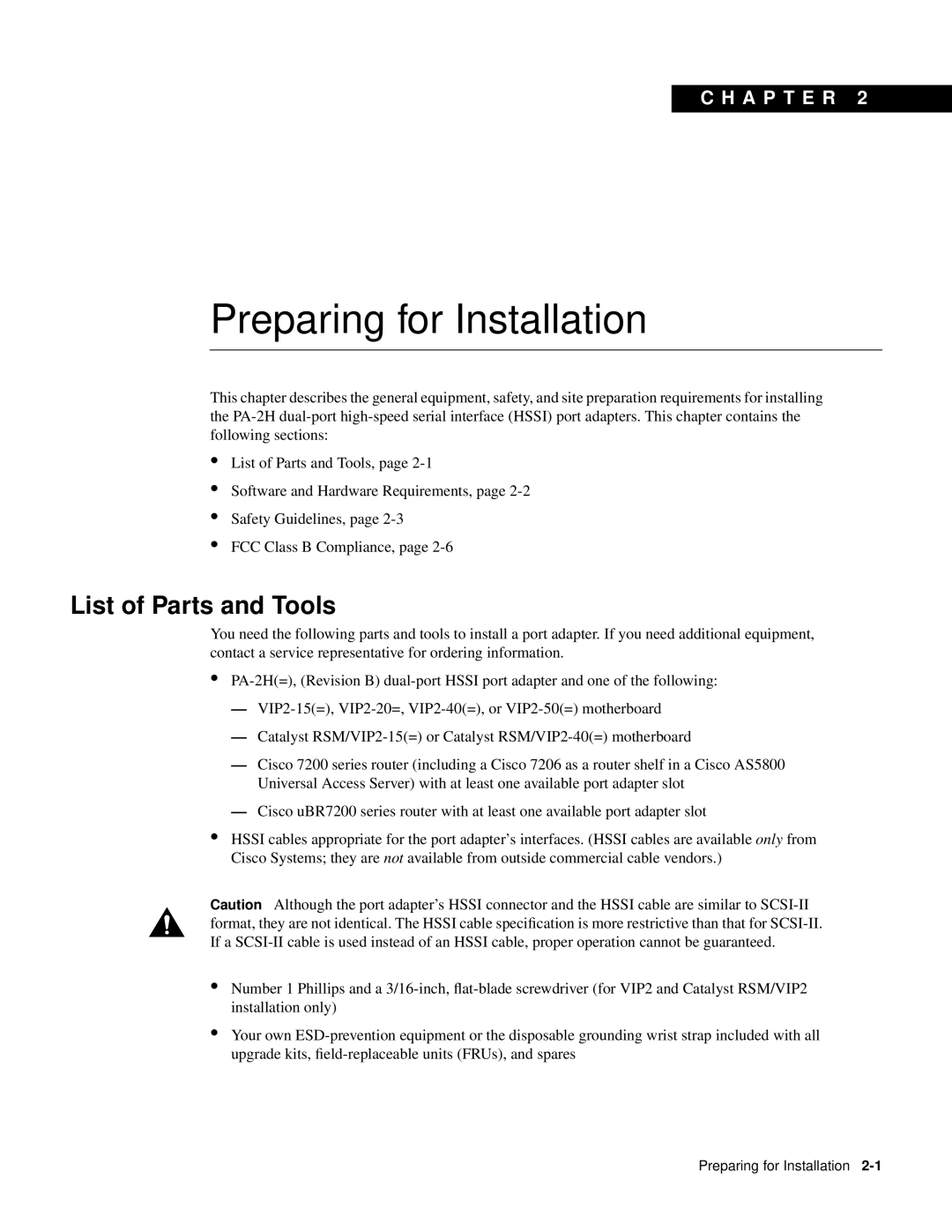 Cisco Systems PA-2H manual Preparing for Installation, List of Parts and Tools 