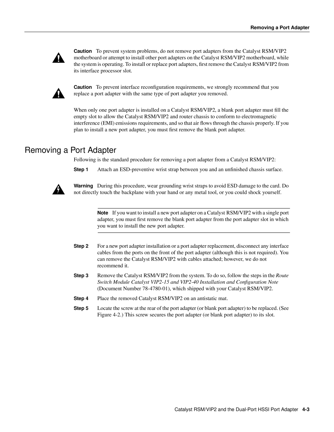 Cisco Systems PA-2H manual Removing a Port Adapter 