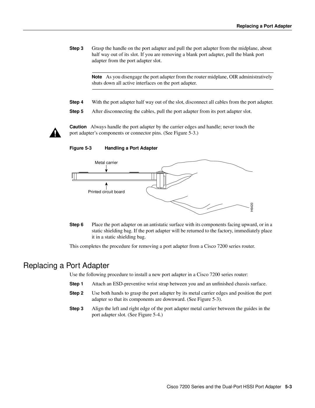 Cisco Systems PA-2H manual Replacing a Port Adapter, Handling a Port Adapter 