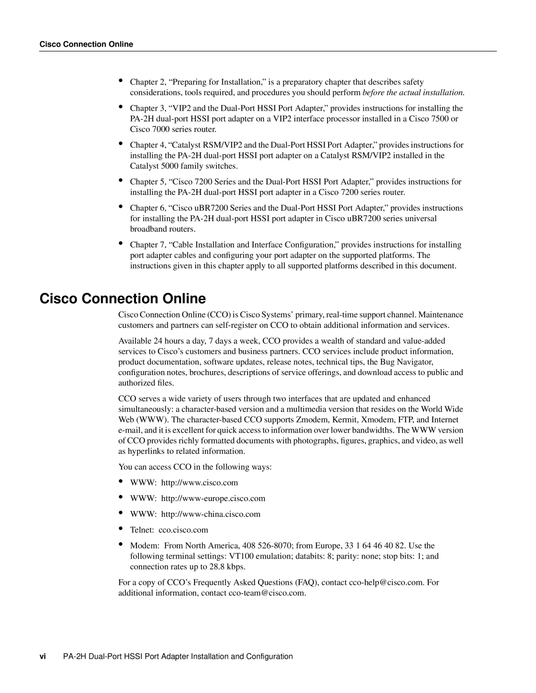 Cisco Systems PA-2H manual Cisco Connection Online 