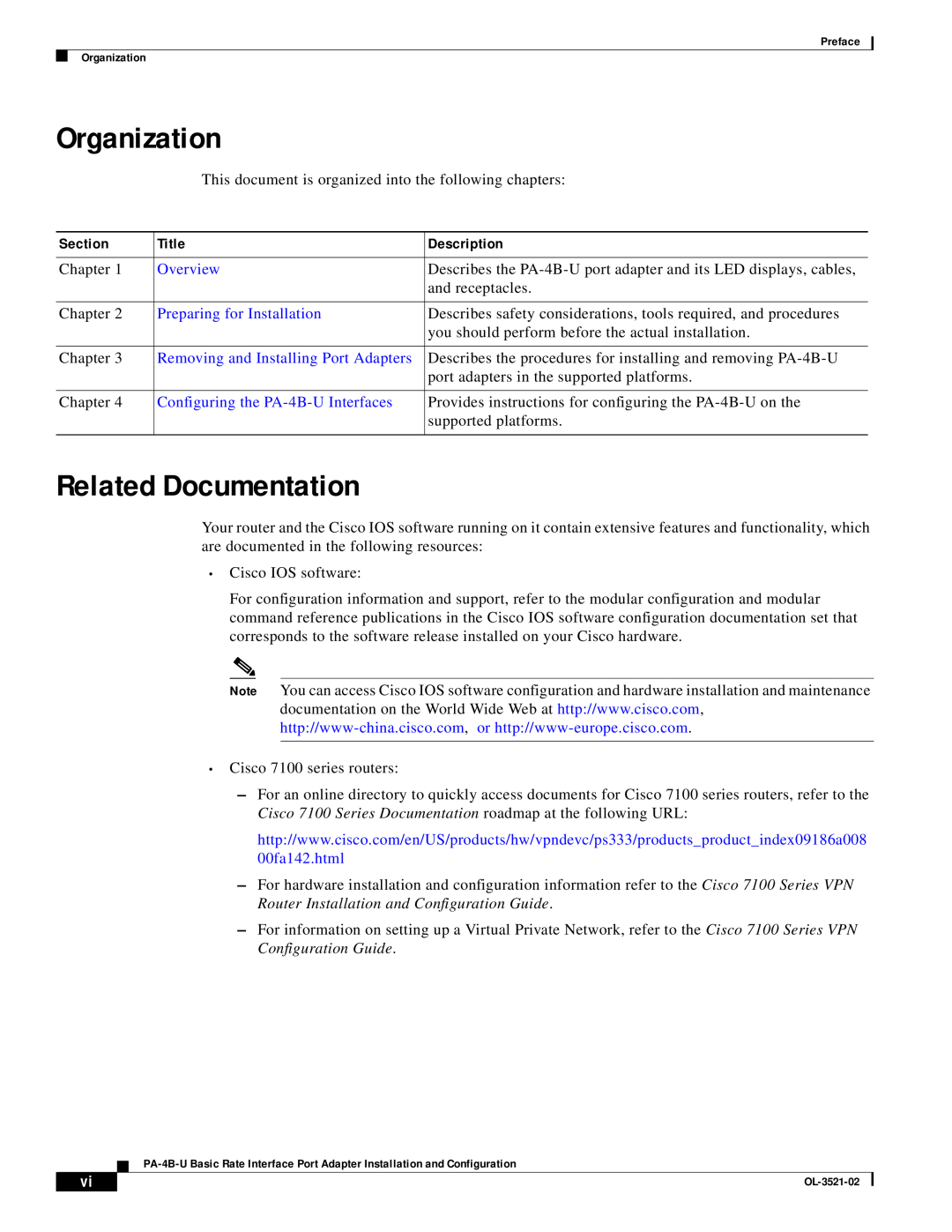 Cisco Systems PA-4B-U manual Organization, Related Documentation, Section, Title, Description, Overview 