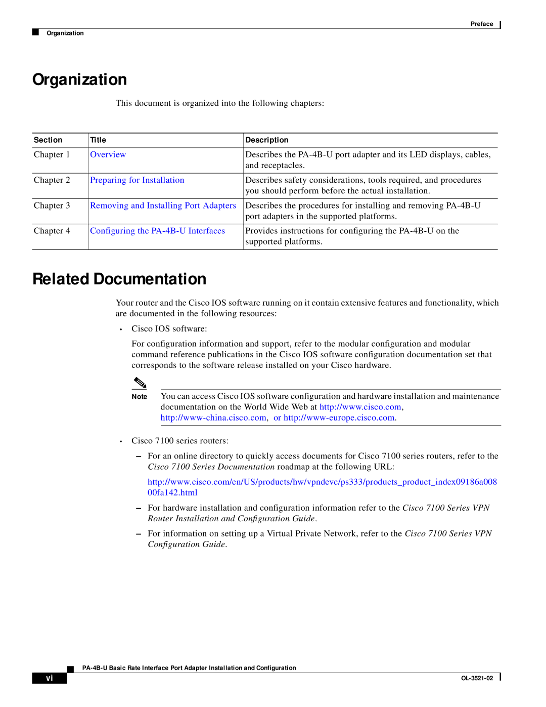 Cisco Systems PA-4B-U manual Organization, Related Documentation 