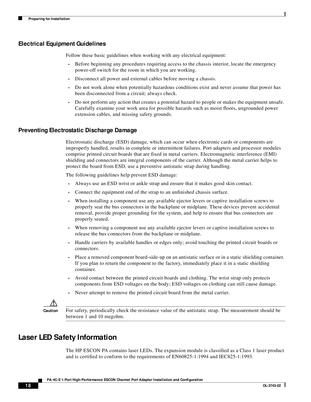Cisco Systems PA-4C-E 1 manual Laser LED Safety Information, Electrical Equipment Guidelines 