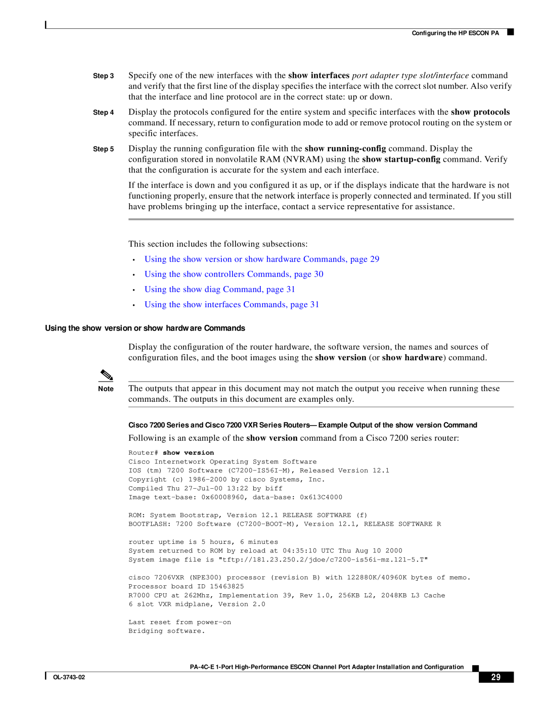Cisco Systems PA-4C-E 1 manual Using the show version or show hardware Commands, Using the show controllers Commands, page 