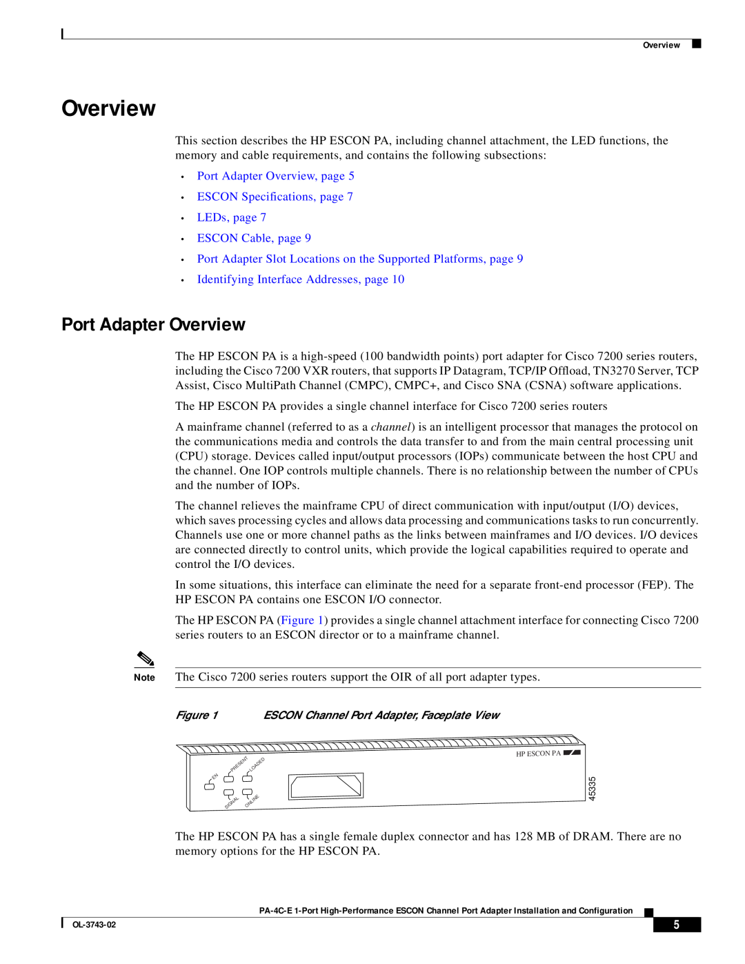 Cisco Systems PA-4C-E 1 manual Port Adapter Overview, page ESCON Specifications, page LEDs, page, ESCON Cable, page 