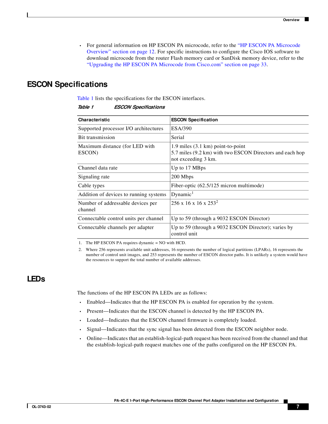 Cisco Systems PA-4C-E 1 manual ESCON Specifications, LEDs, Characteristic 