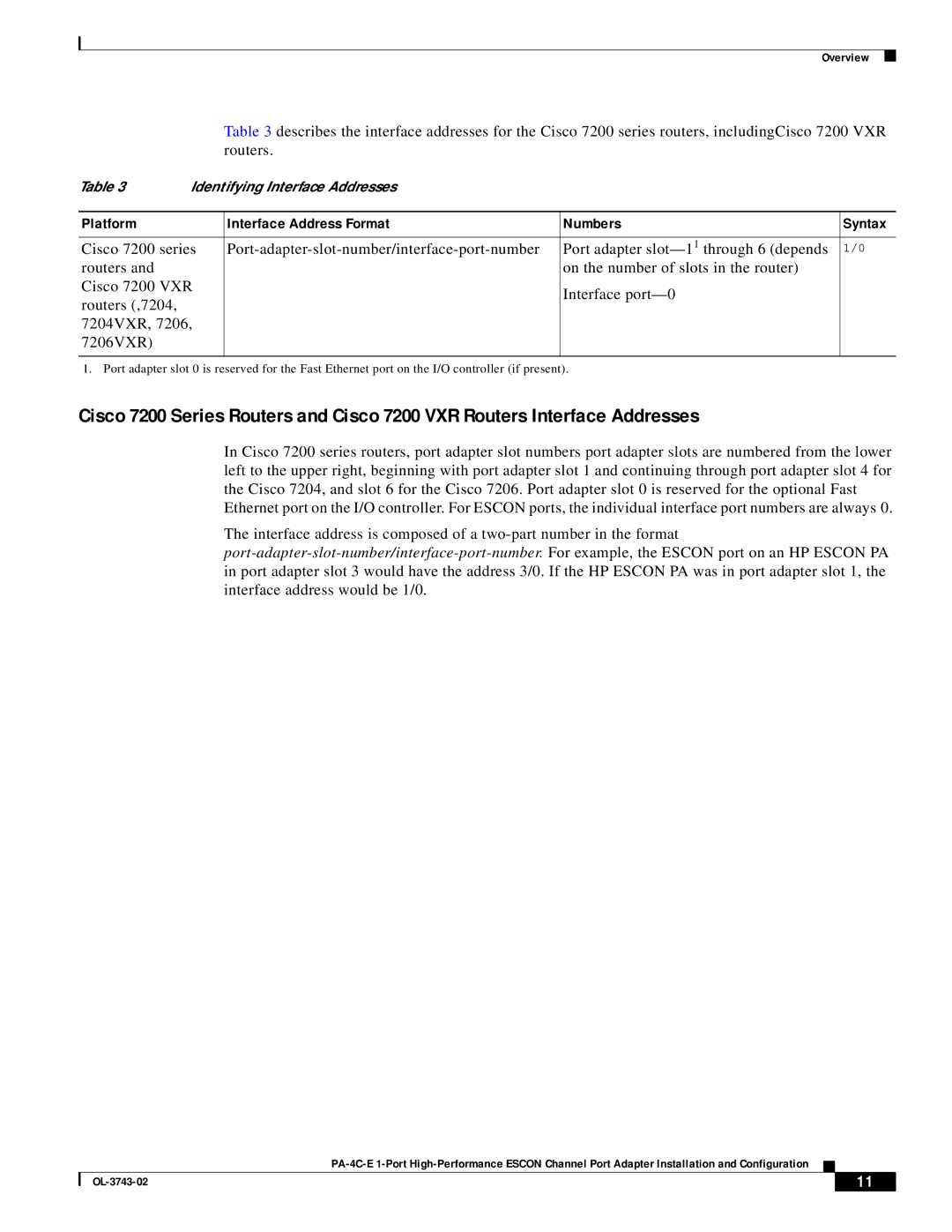 Cisco Systems PA-4C-E 1 manual Platform Interface Address Format Numbers Syntax 