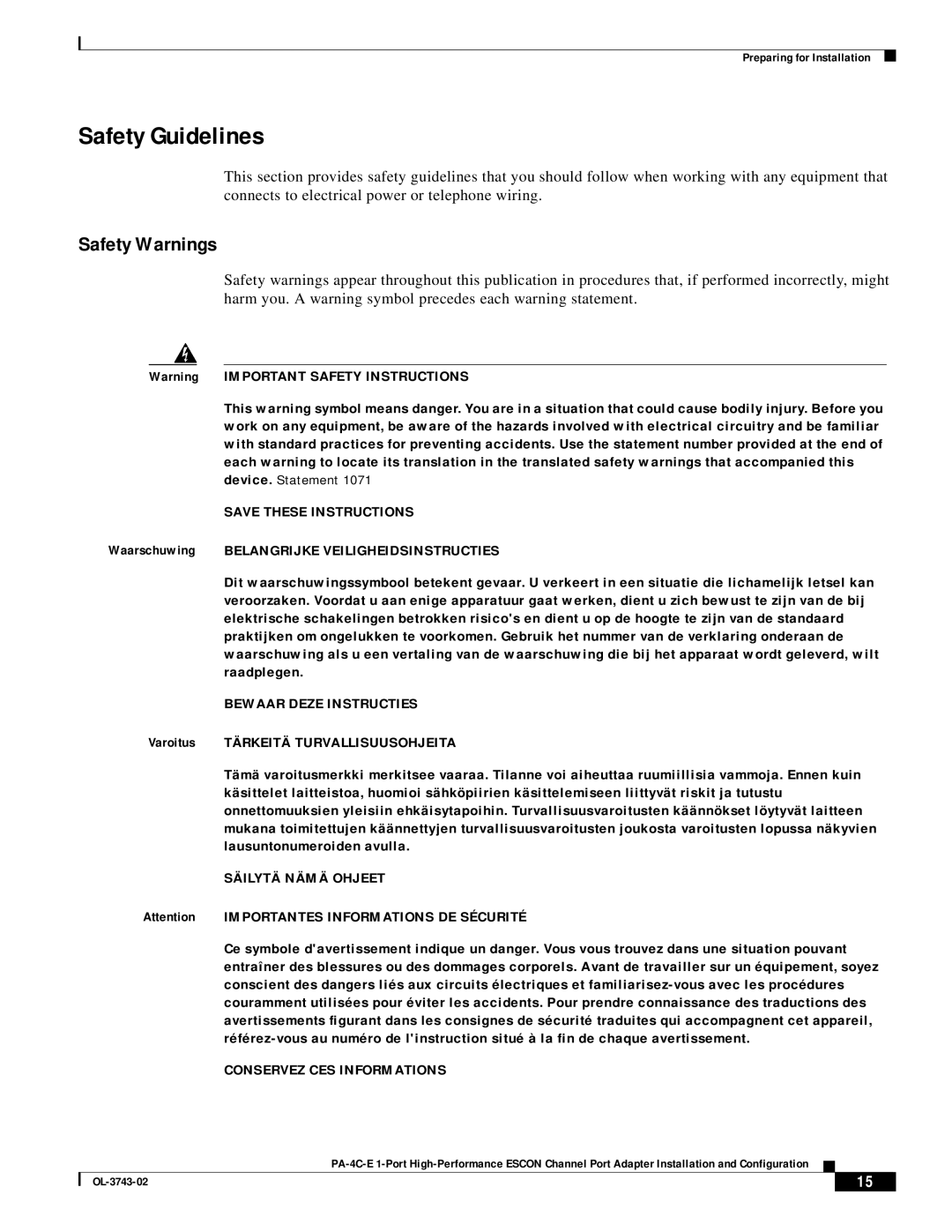 Cisco Systems PA-4C-E 1 manual Safety Guidelines, Safety Warnings 