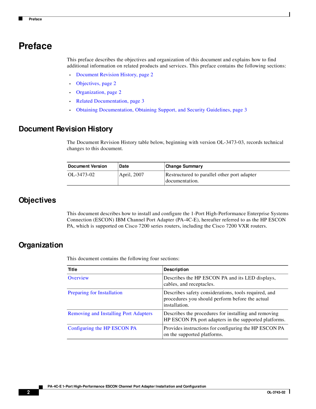 Cisco Systems PA-4C-E 1 manual Document Revision History, Objectives, Organization, Document Version Date Change Summary 