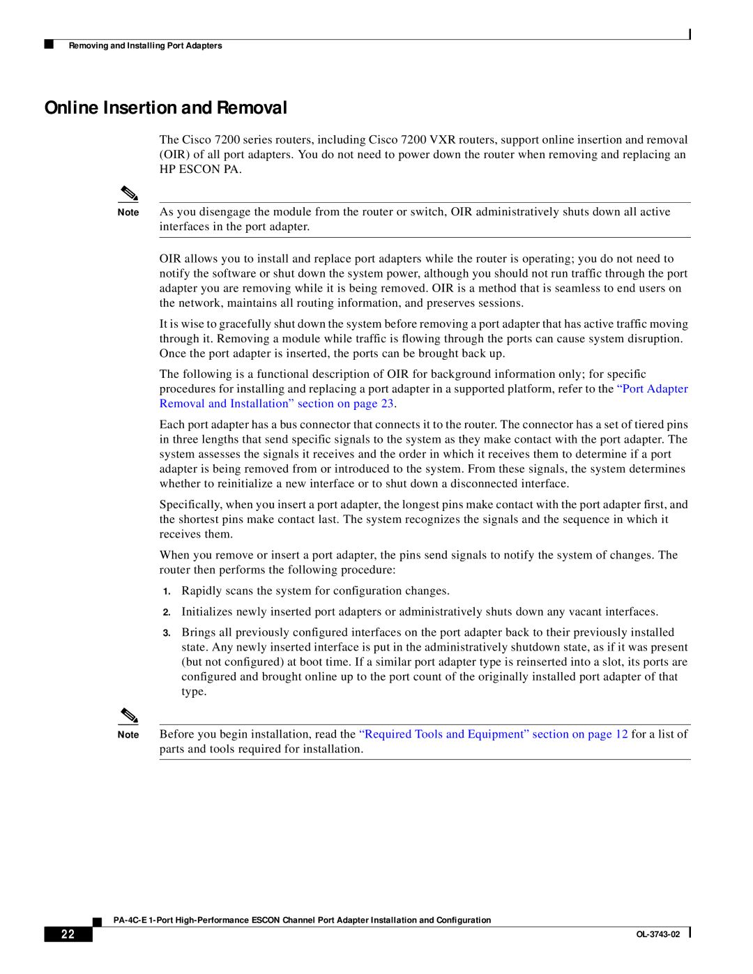 Cisco Systems PA-4C-E 1 manual Online Insertion and Removal 