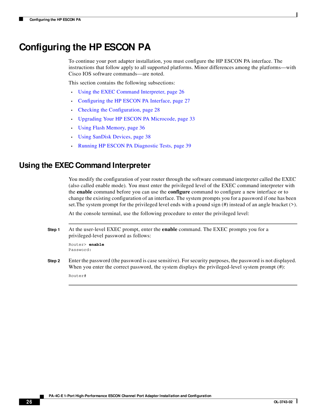 Cisco Systems PA-4C-E 1 manual Configuring the HP Escon PA, Using the Exec Command Interpreter 